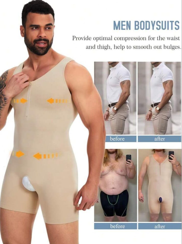 Men's Full Body Compression Shapewear Suit – Slimming Bodysuit with Front Zipper